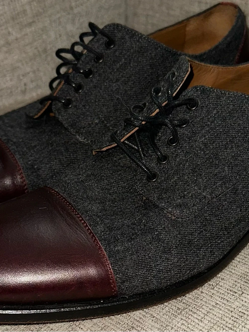 Taft Gray Wool and Burgundy Leather Cap-Toe Oxfords